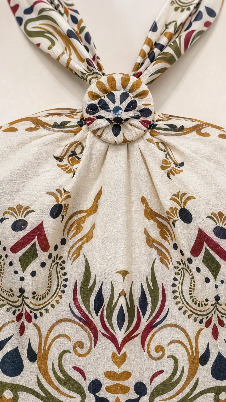 Close-up of the front knot detail on the cream halter top