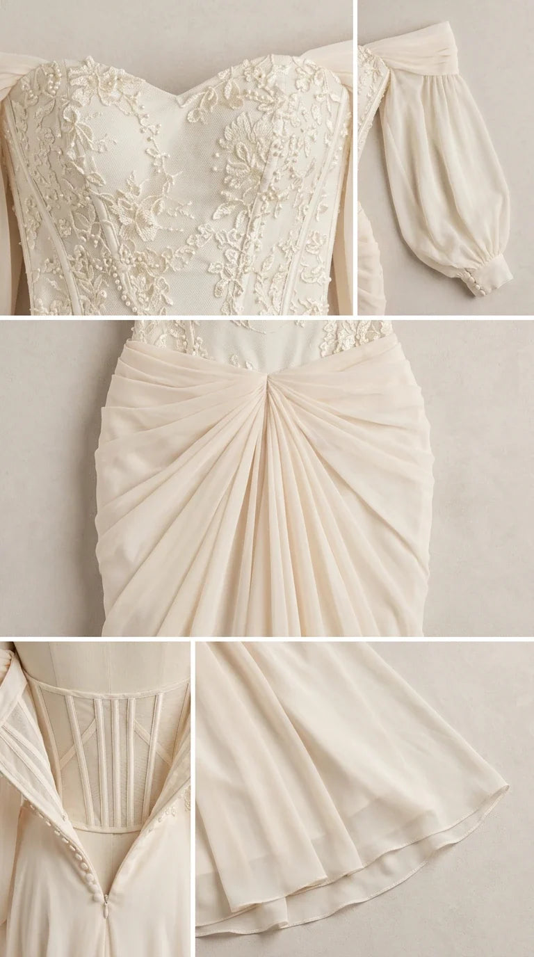 Detailed close-ups of embroidered lace bodice, ruched waist drape, inner corset boning, and hem