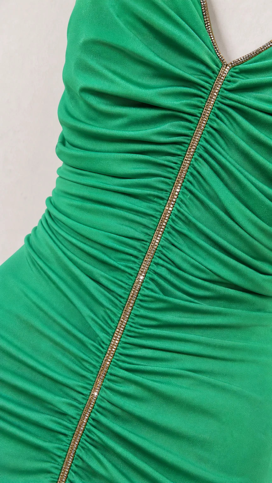 Close up of Rhinestone Strap and Ruching Detail