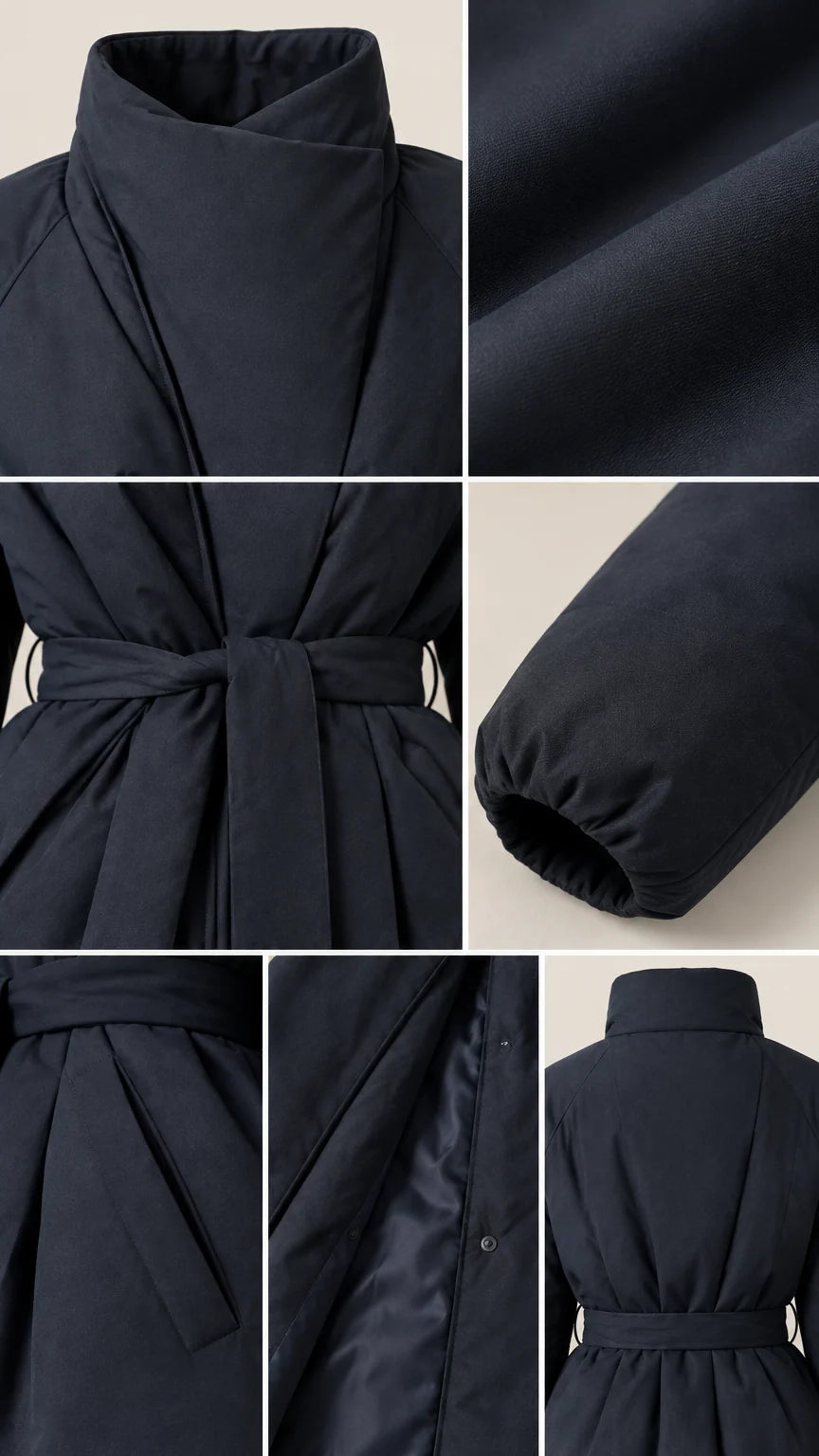 Close-up details of black puffer coat showing wrap collar, belt tie, elastic cuff, and lining