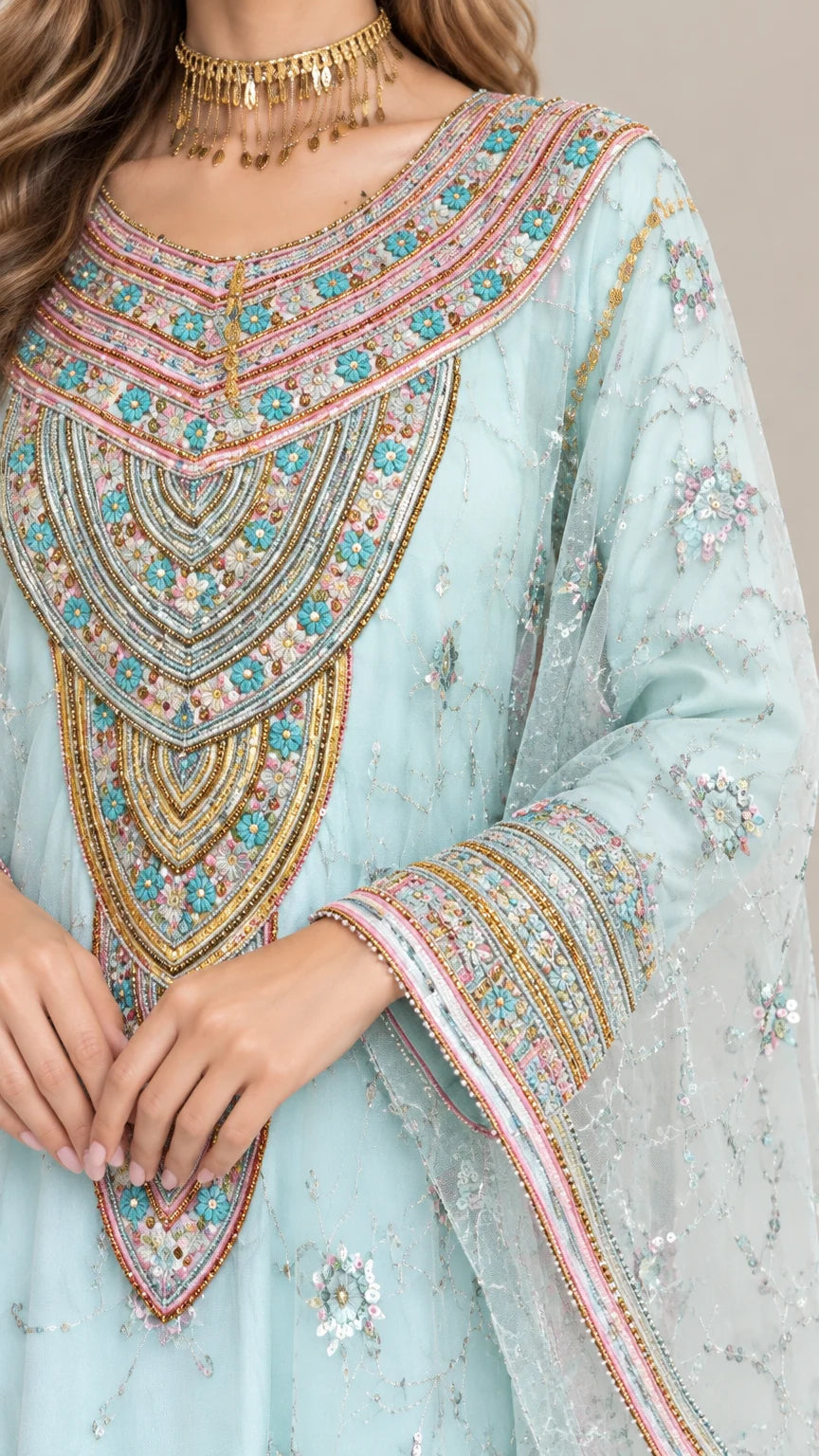Close-up detail of ornate embroidered and sequined neckline and cuff of sky blue kaftan