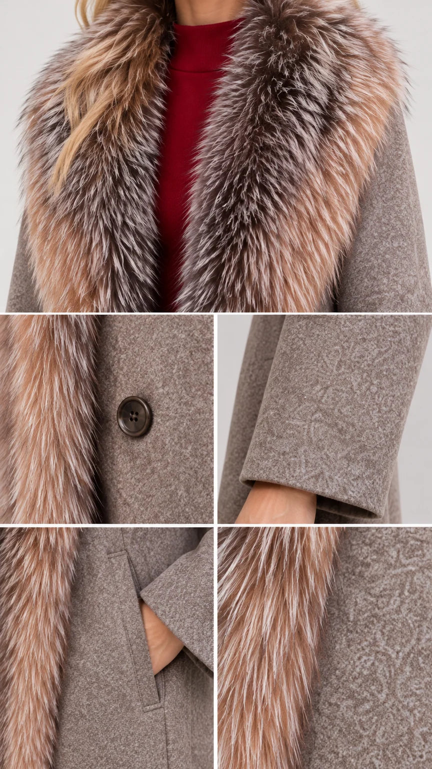 Detailed close-ups of faux fur trim collar, woven coat fabric, button, and side pocket