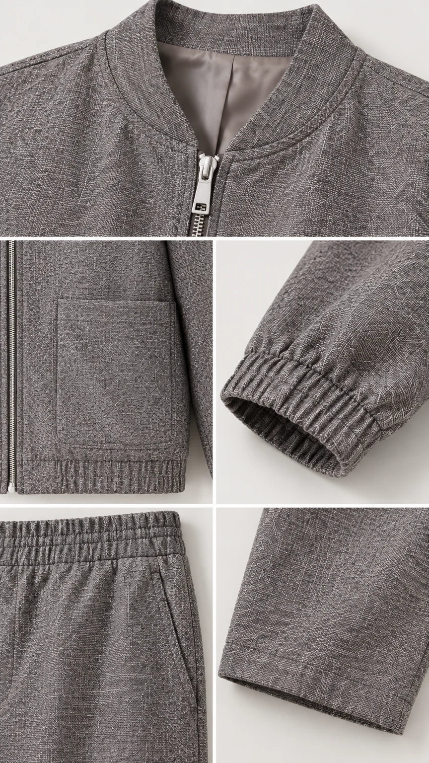 Close-up detail shots of grey set collar, zipper, cuff, pocket, and fabric texture