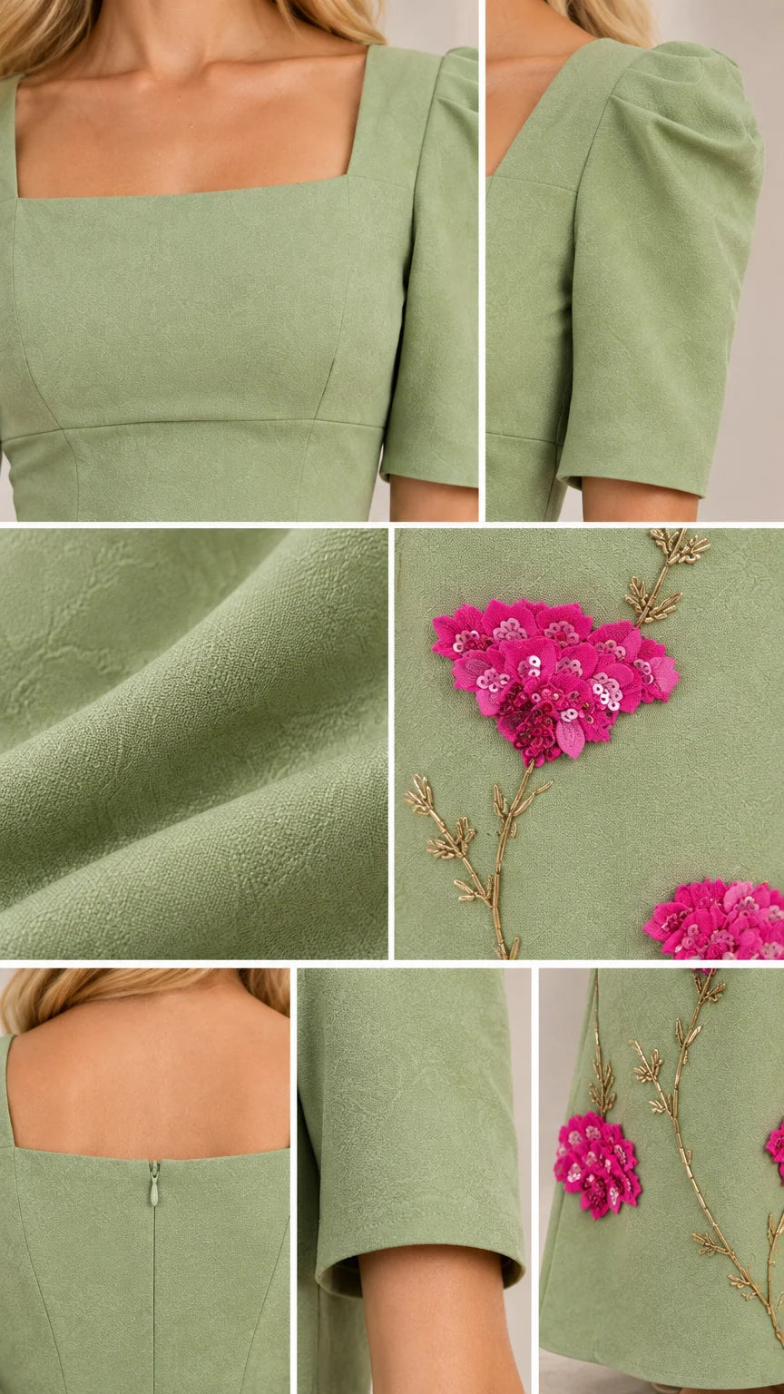 Close-up details of square neckline, puff sleeves, textured fabric, and sequin floral embroidery