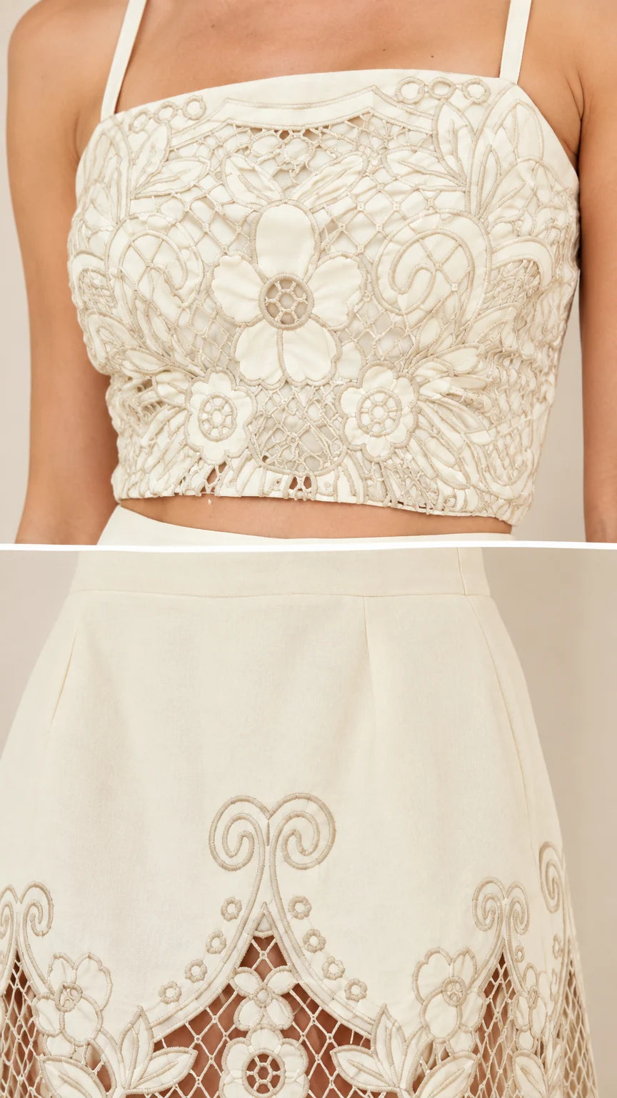Close-up details of delicate embroidery on crop top bodice and cutout skirt hem