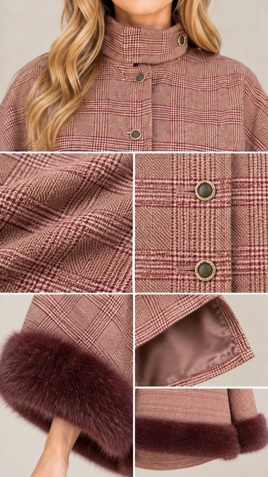 Detailed close-up collage of plaid texture, engraved metallic buttons, high mock collar, and faux fur edge