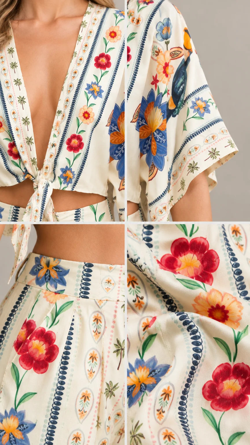 Close-up details of neckline, tie knot, and floral stripe pattern on cream set
