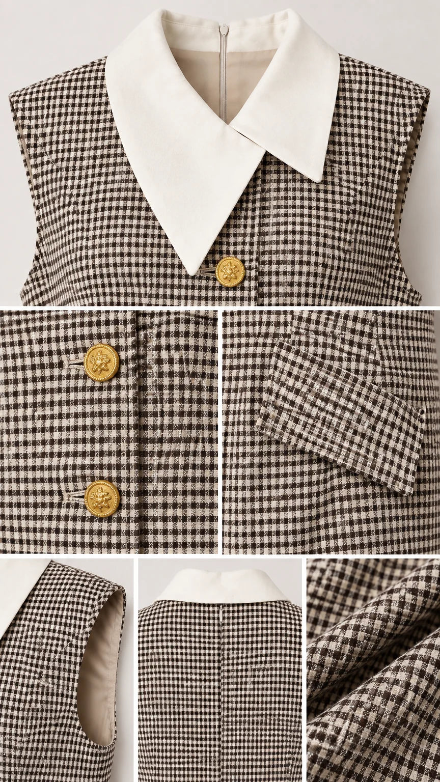 Close-up details of white collar, houndstooth fabric texture, gold buttons, and pocket flaps