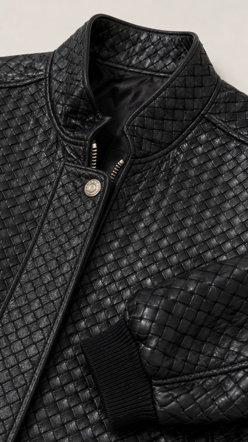 Close-up detail of black woven texture fabric, metal zipper, snap button, and ribbed collar