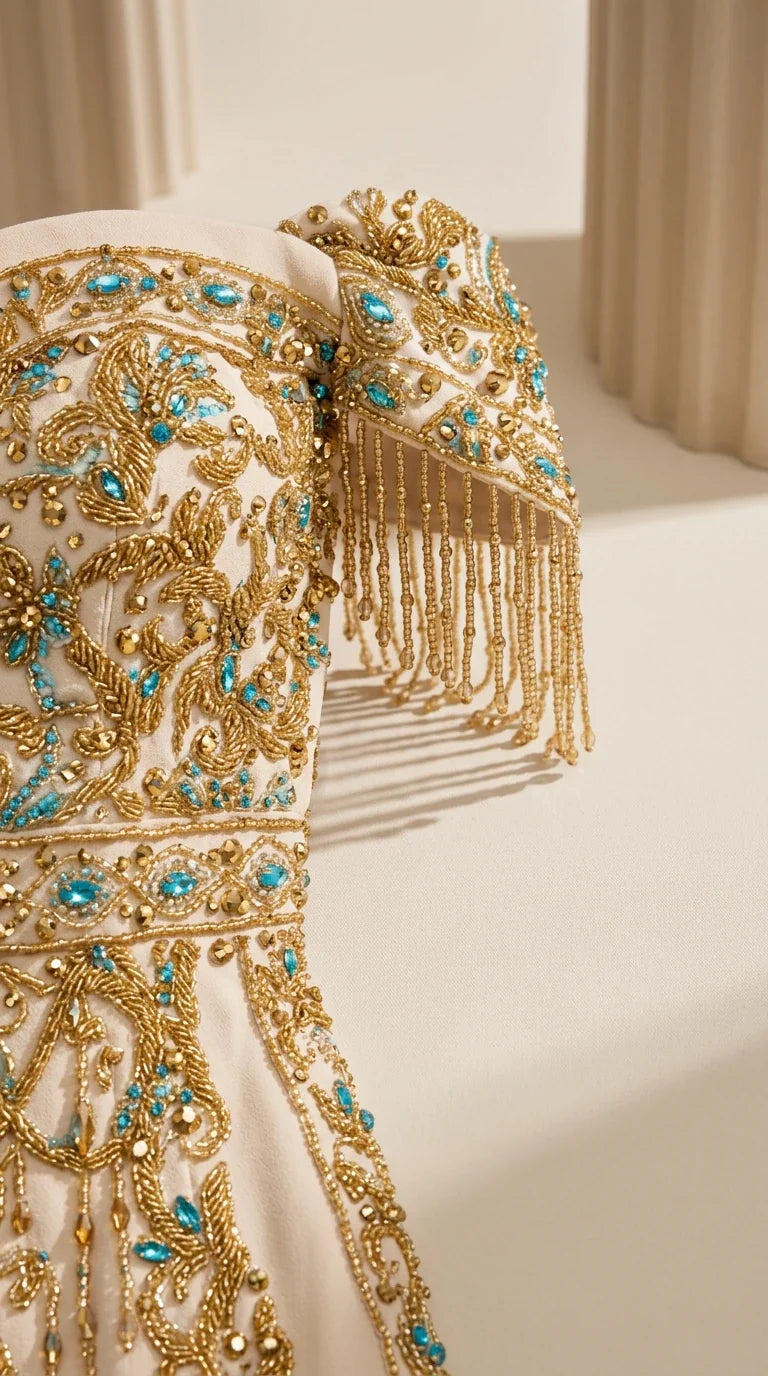 Detailed close-up of intricate gold and turquoise beadwork with fringe tassels