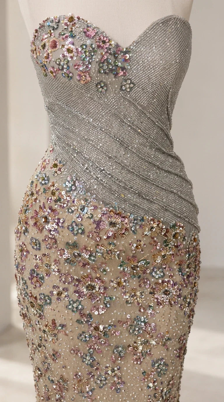 Close-up detail of floral beadwork and diagonal ruched bodice