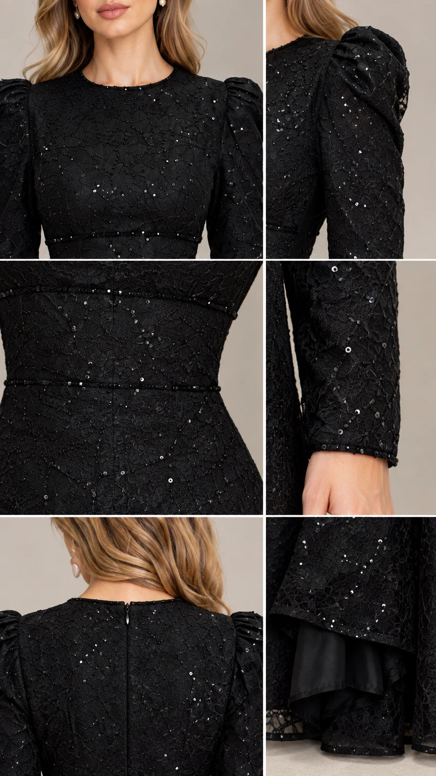 Close-up details of sequin lace texture, neckline, gathered shoulders, and hem lining