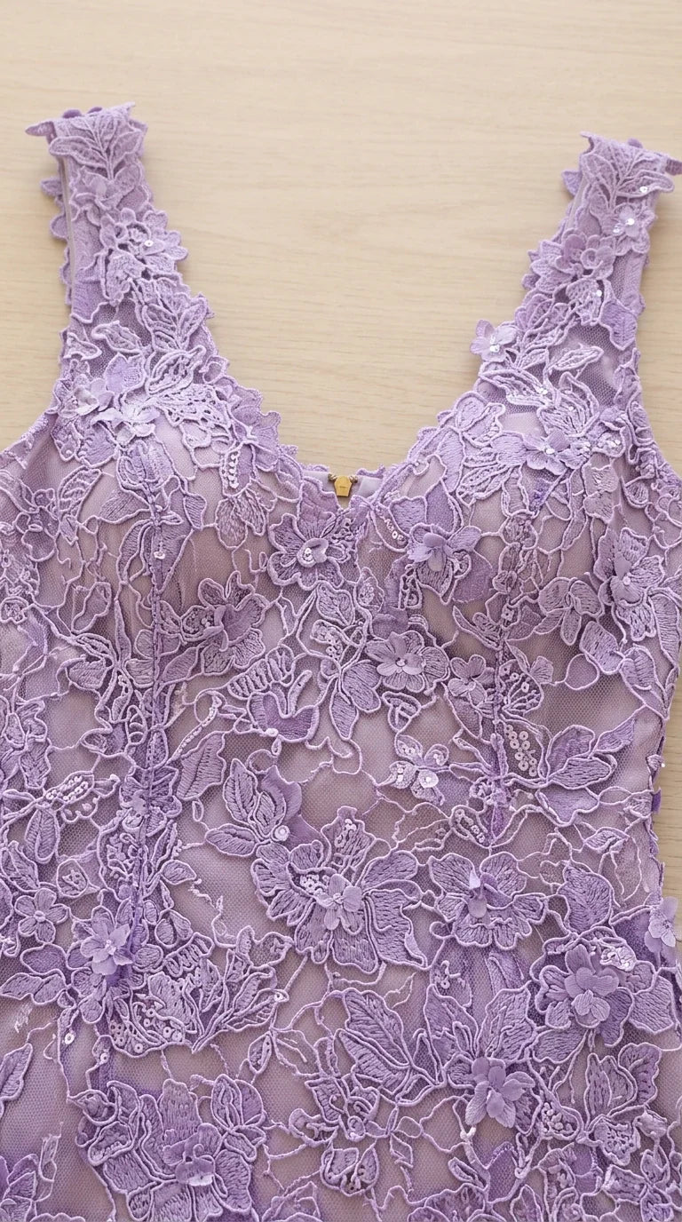 Close-up detail of lavender floral embroidered lace fabric and scalloped neckline
