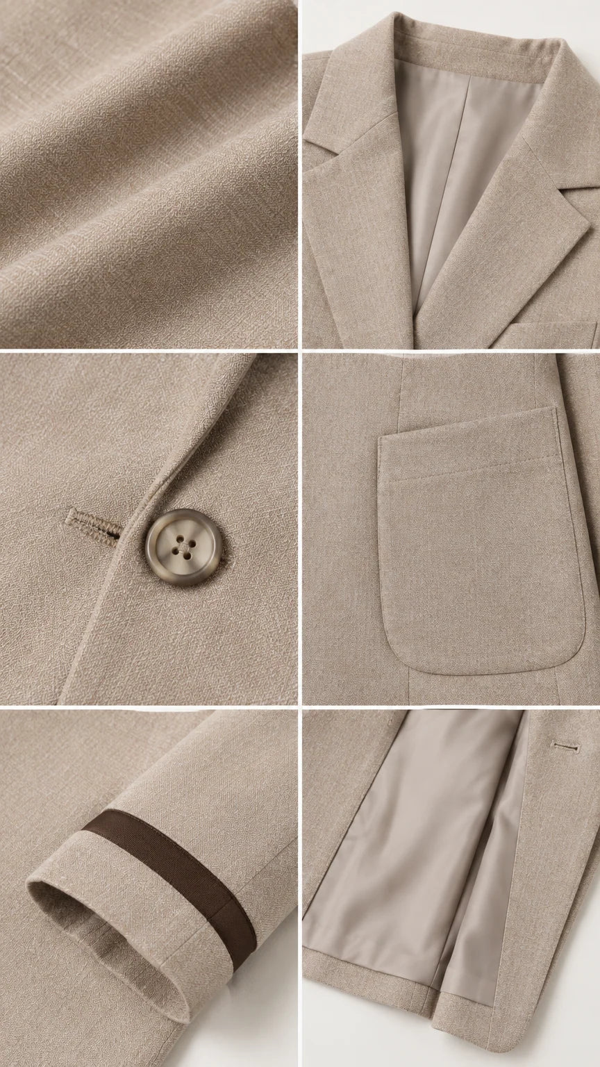 Close-up details of suiting fabric, notched lapel, single button, and contrast cuff trim