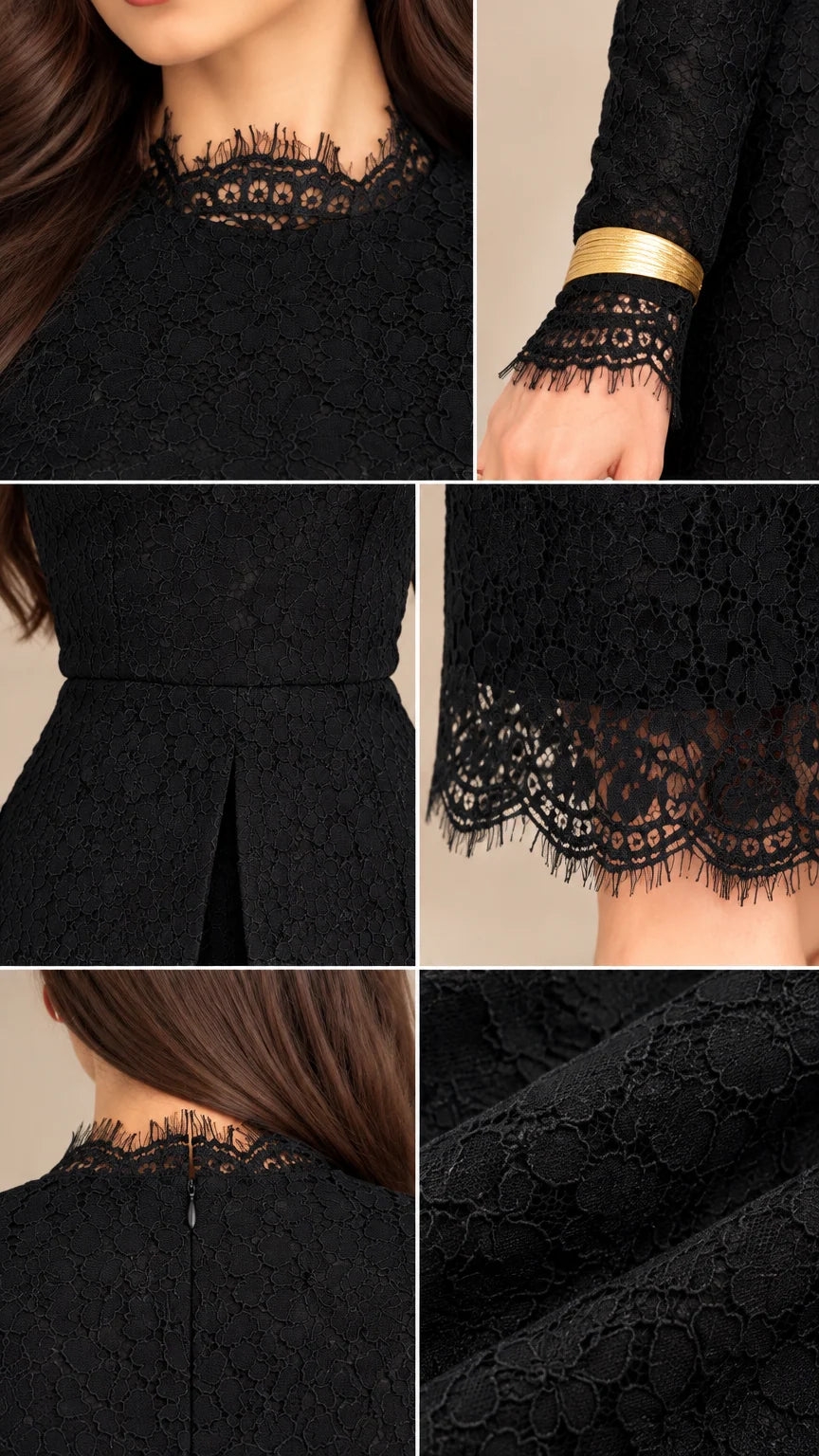 Close-up details of scalloped eyelash neckline, lace cuff, peplum slit, and back zipper