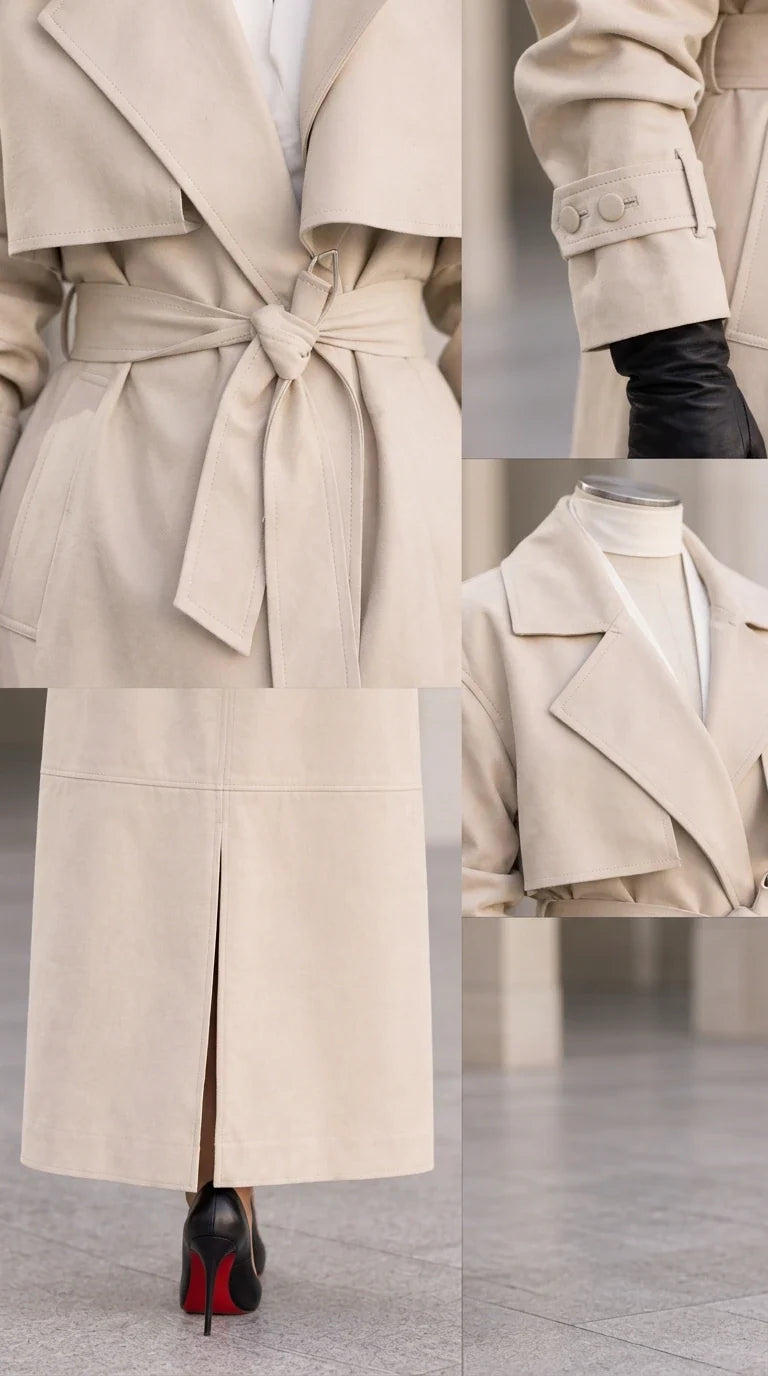 Close-up details of cream trench coat collar lapels, belted waist, cuff straps, and back slit