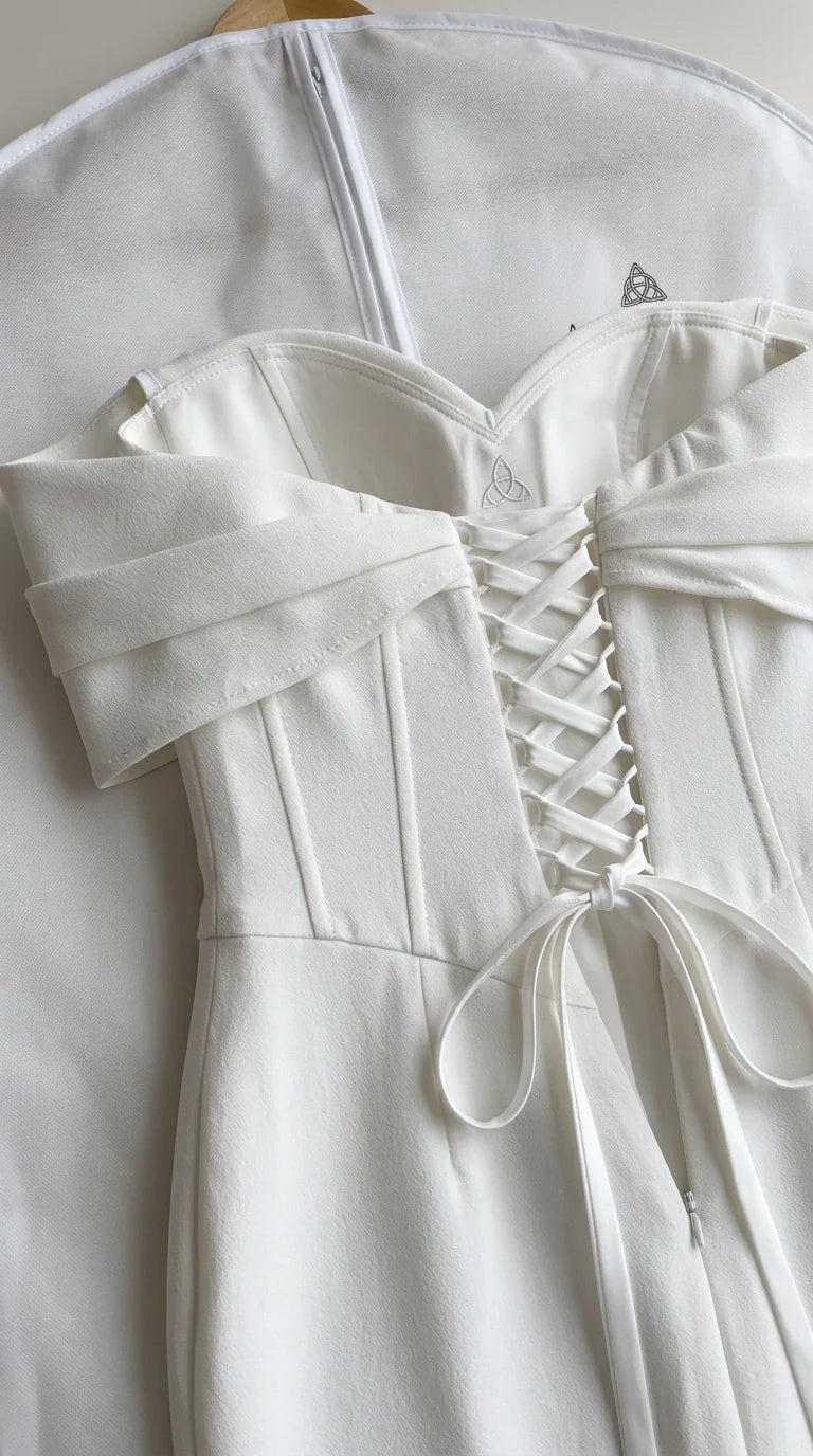 Close-up of structured corset boning and lace-up back closure