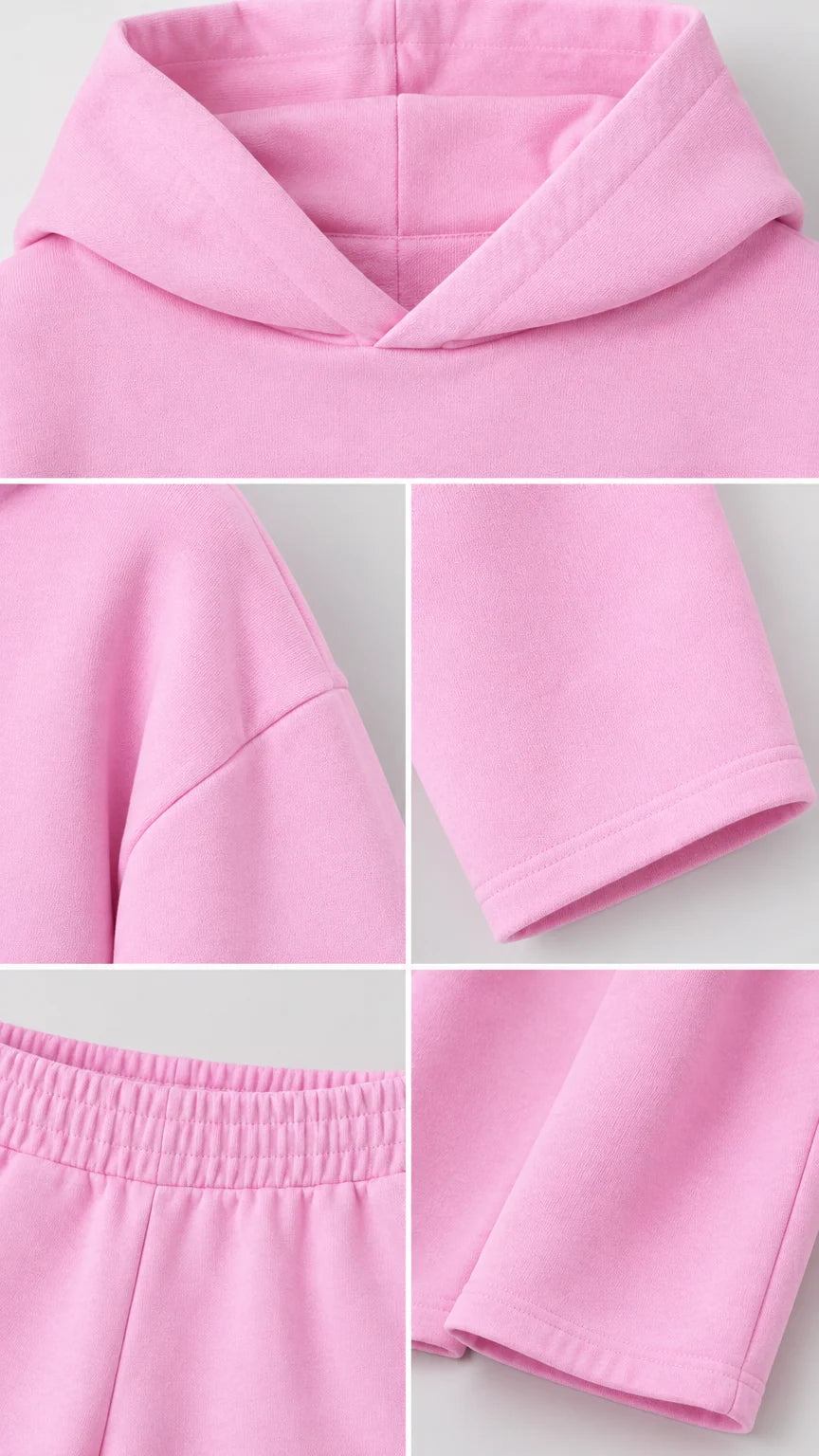 Close-up details of Light Pink hoodie neckline, dropped shoulder seam, elastic waistband, and hem finish