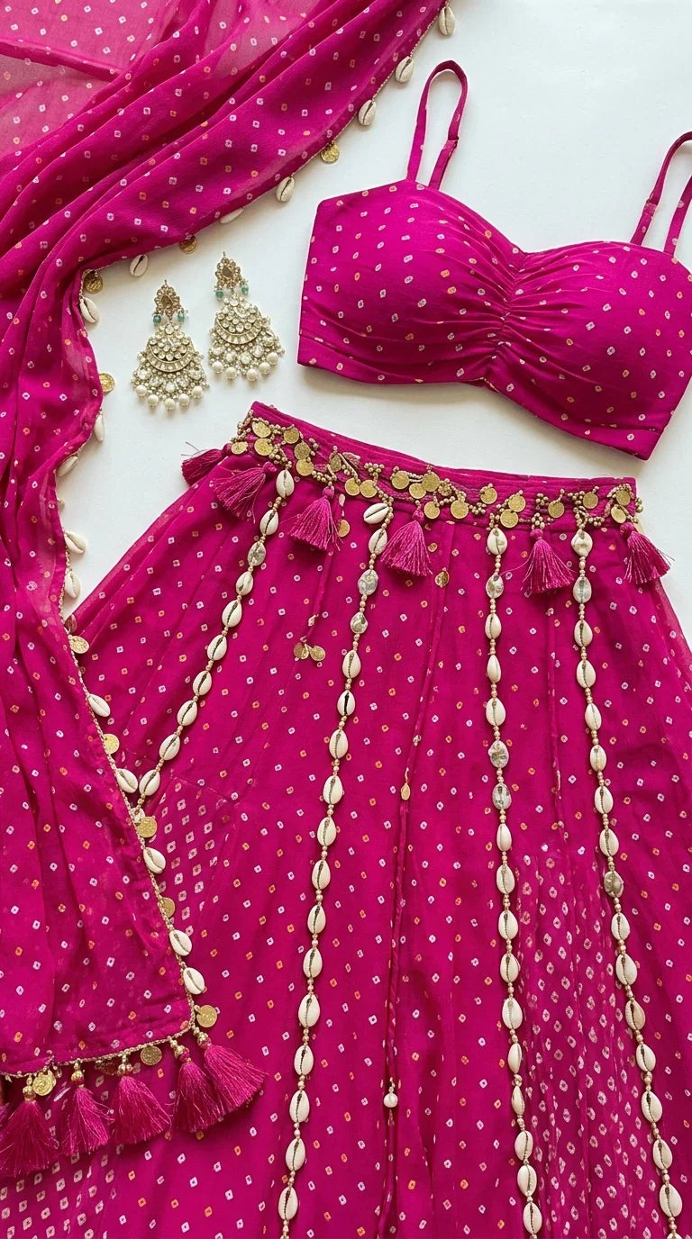 Close-up flat lay of hot pink bustier top with cowrie shell waistband trim
