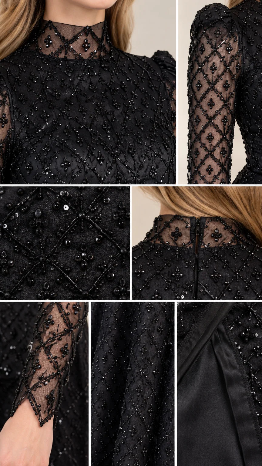 Close-up collage of intricate black beadwork, sheer neckline, and sequin lattice texture