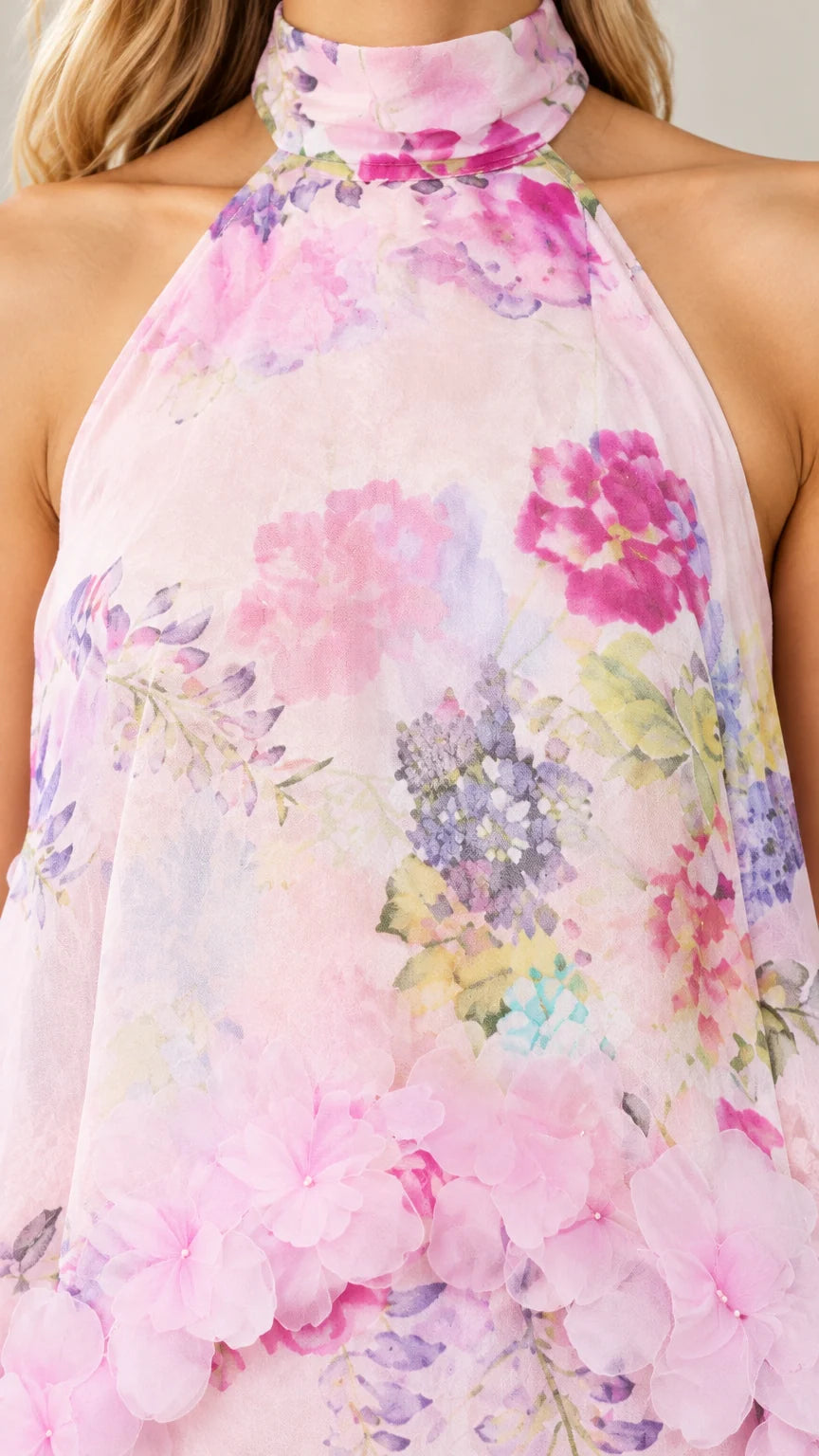 Close-up detail of Blush Pink floral halter neckline and ruffled bodice texture
