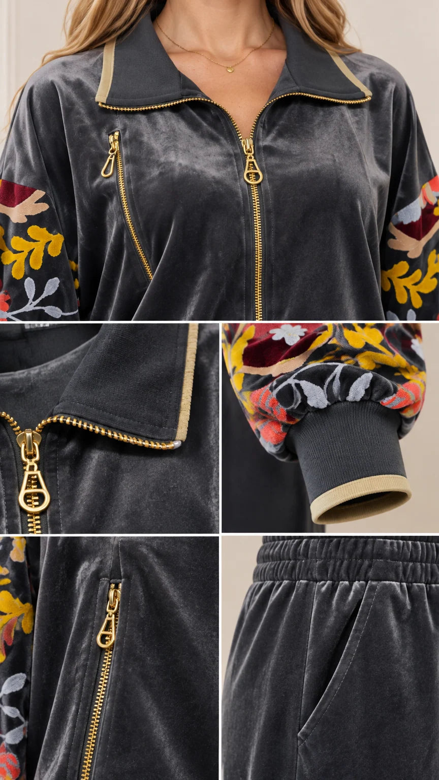 Close-up details of gold zipper, ribbed cuffs, floral embroidery, and pocket on velvet set