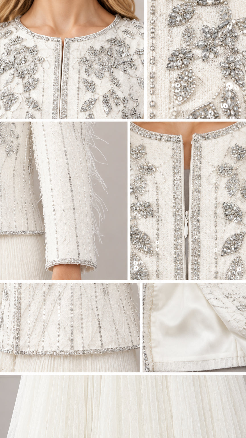 Close-up details of intricate beading, sequin embroidery, feather trim sleeve, and zip closure