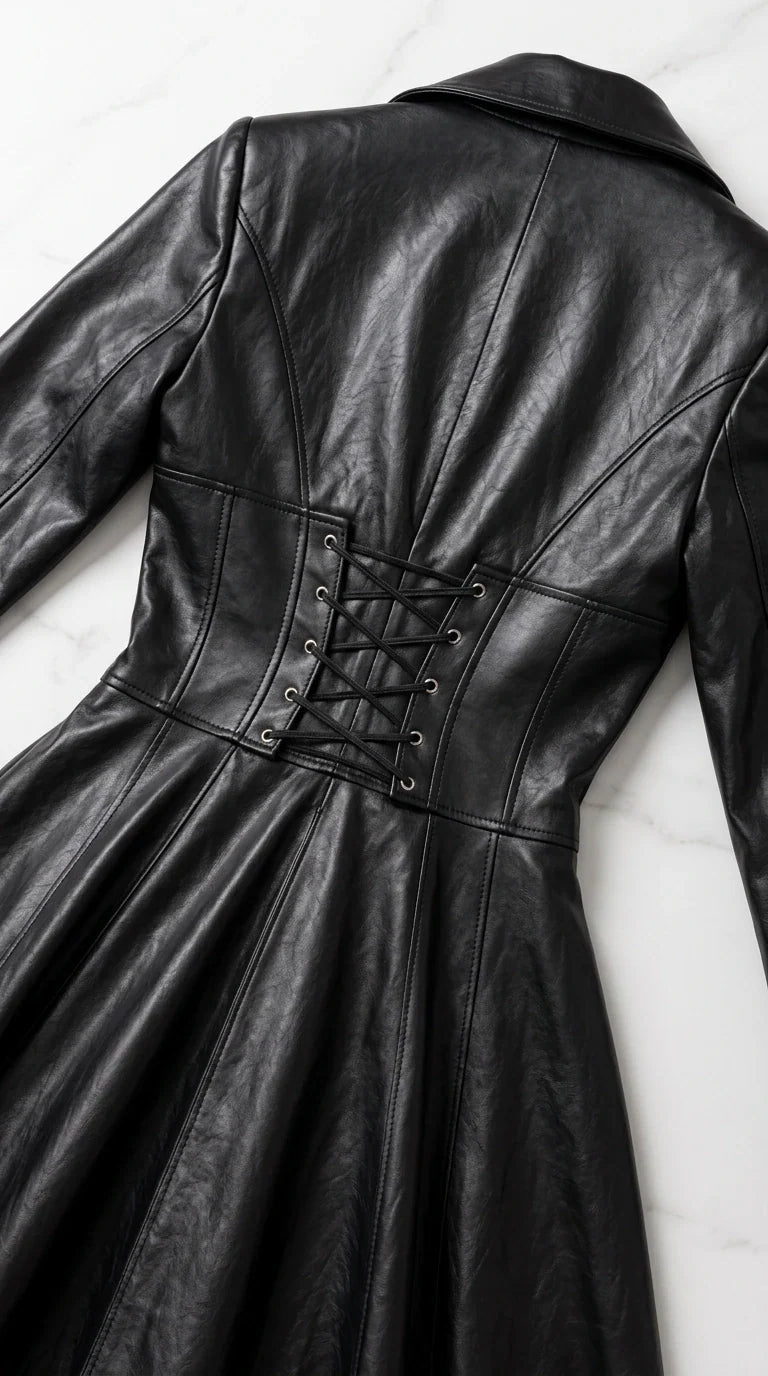 Close-up of black faux leather dress back corset lacing and tailored seams