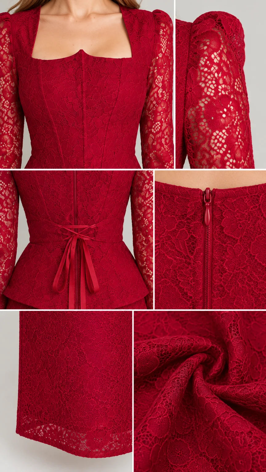 Close-up details of burgundy floral lace fabric, neckline, and hidden zipper