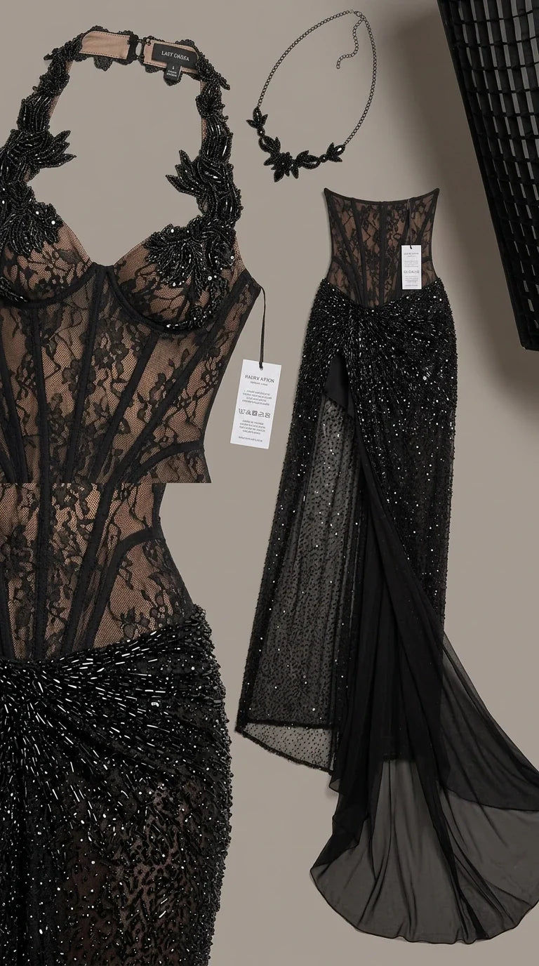 Detailed flat lay of black embellished corset top and beaded skirt