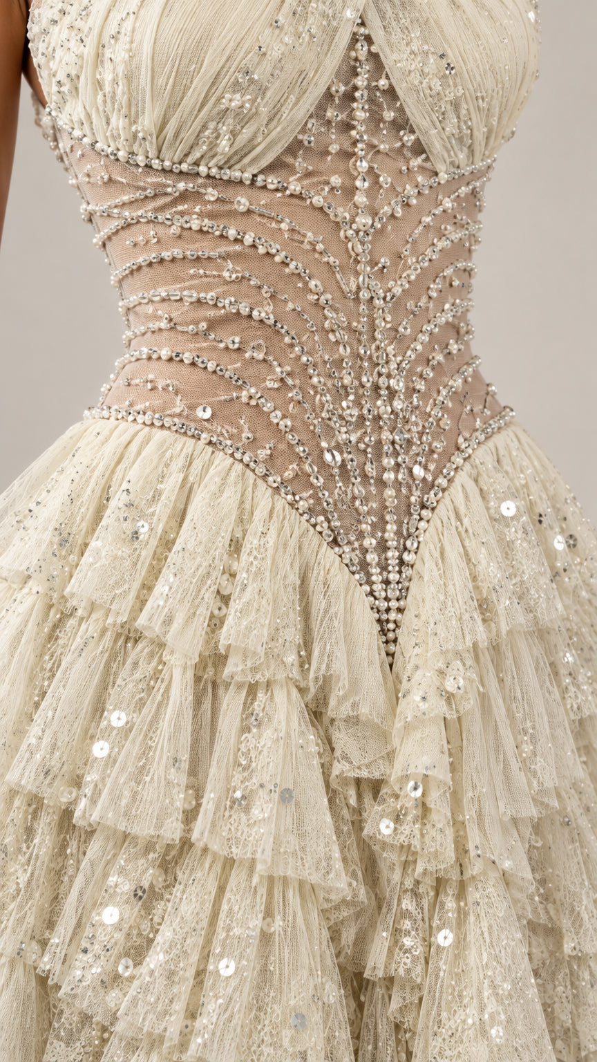 Close-up detail of crystal-beaded sheer corset bodice and sequin ruffles