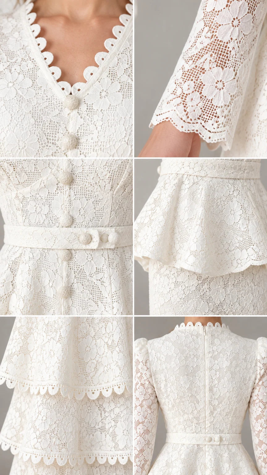 Close-up details of scalloped neckline, buttons, lace sleeves, and tiered hem