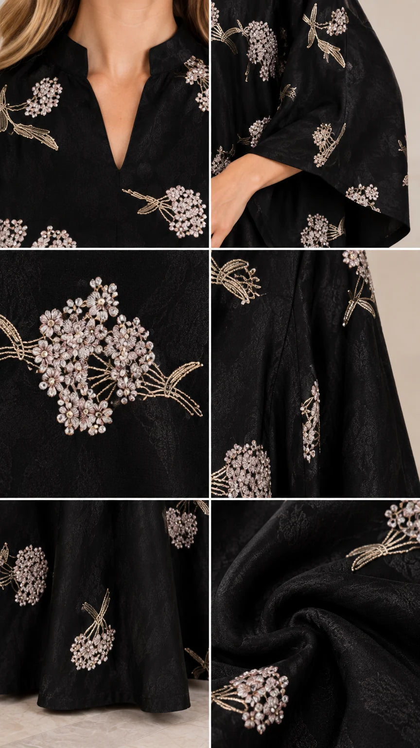 Detailed close-up collage of black kaftan neckline, embroidery, fabric texture, and cuff
