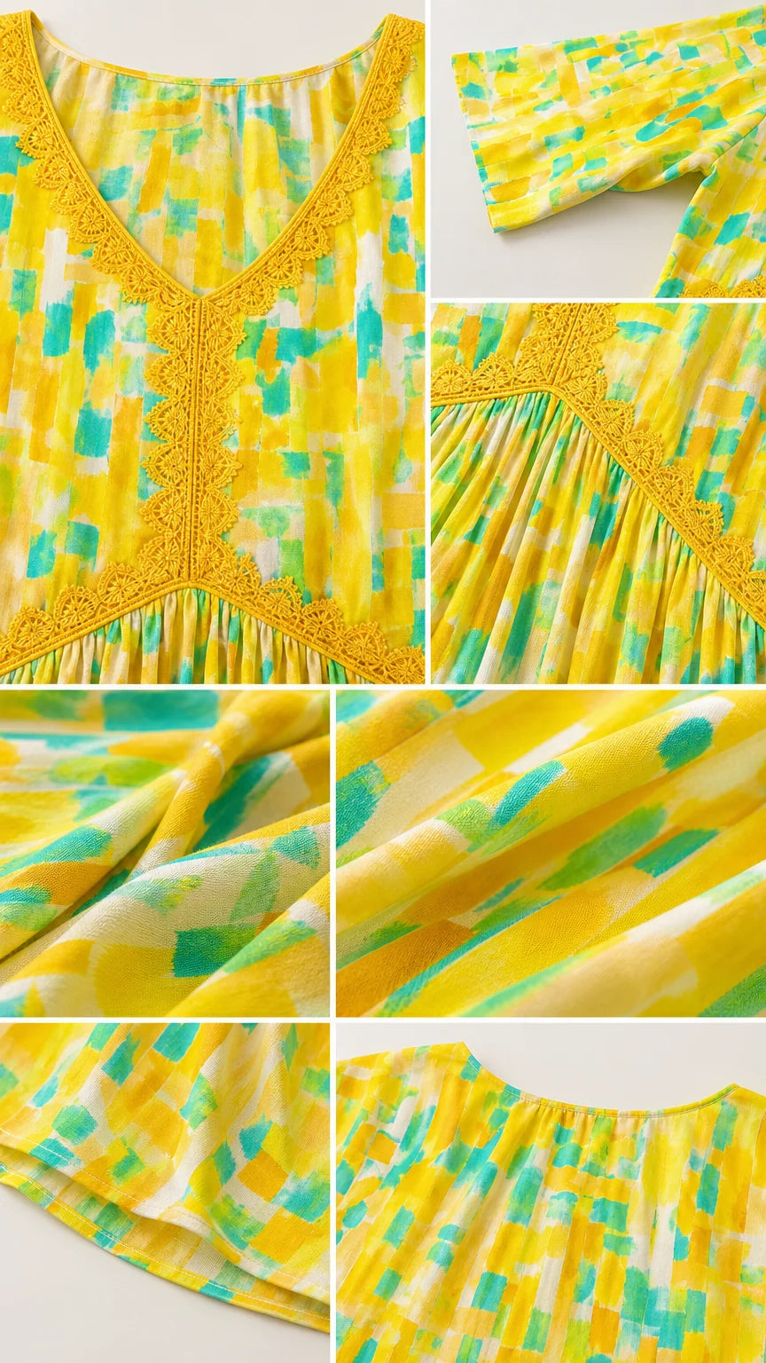 Close-up detail collage showing lace V-neck trim, fabric drape, and sleeve finish