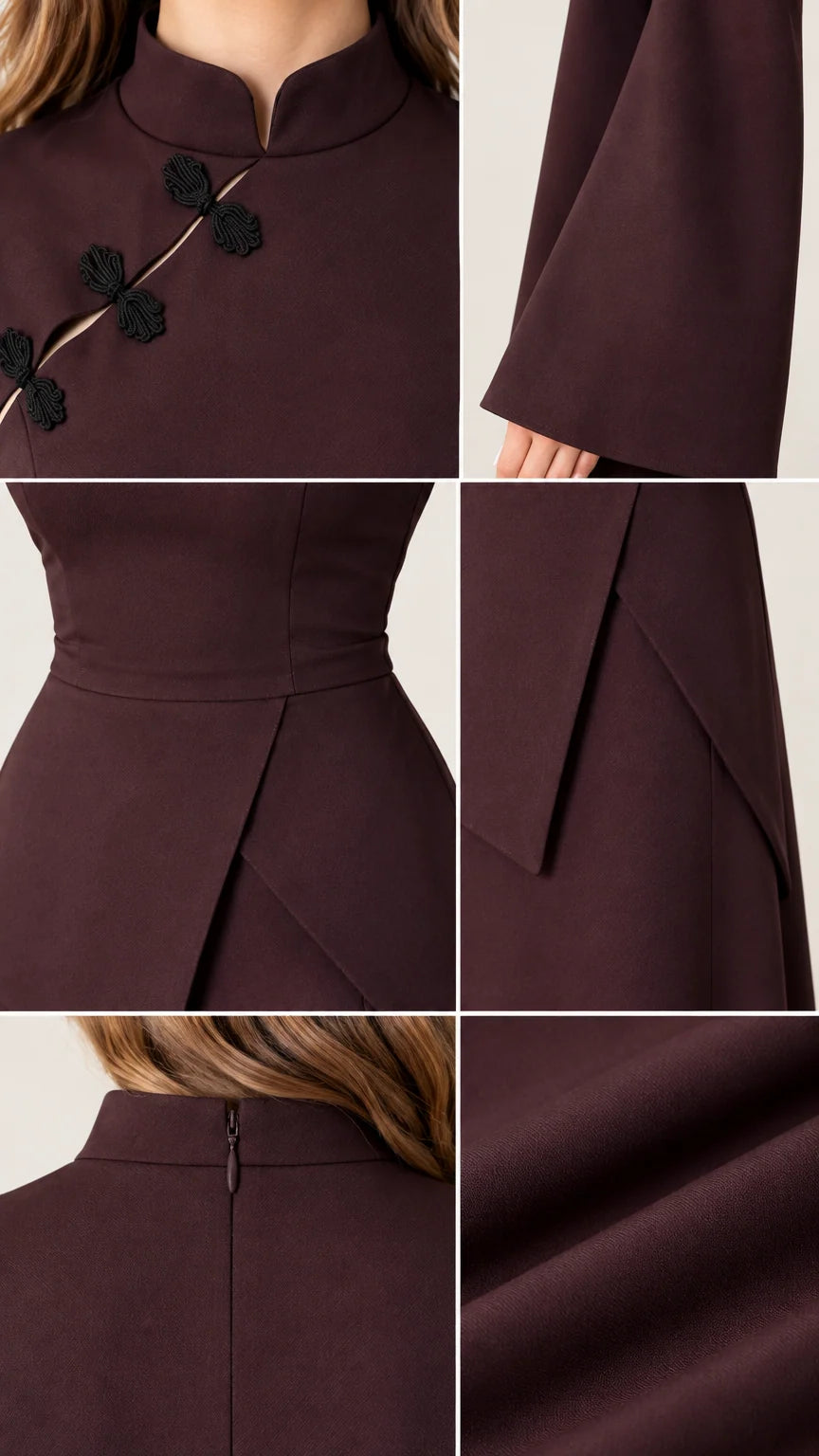 Close-up details of mandarin collar with frog knots, cuffs, and waist overlay
