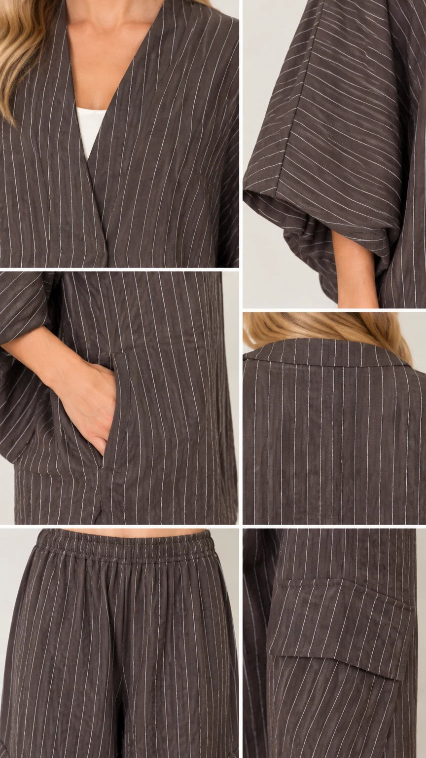 Detailed close-ups of pinstripe crossover neckline, wide sleeve, elastic waistband, and side cargo pocket