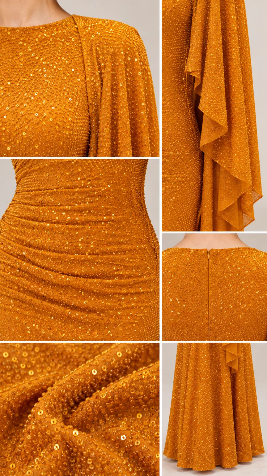 Close-up details of sequin fabric texture, waist ruching, and drape construction