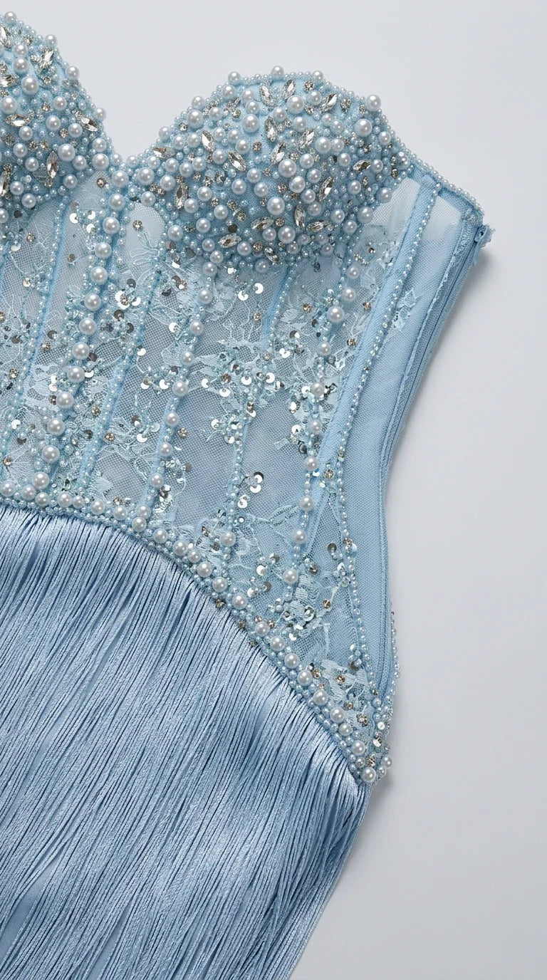 Close-up detail of the sheer mesh bodice with pearls, sequins, boning, and fringe attachment