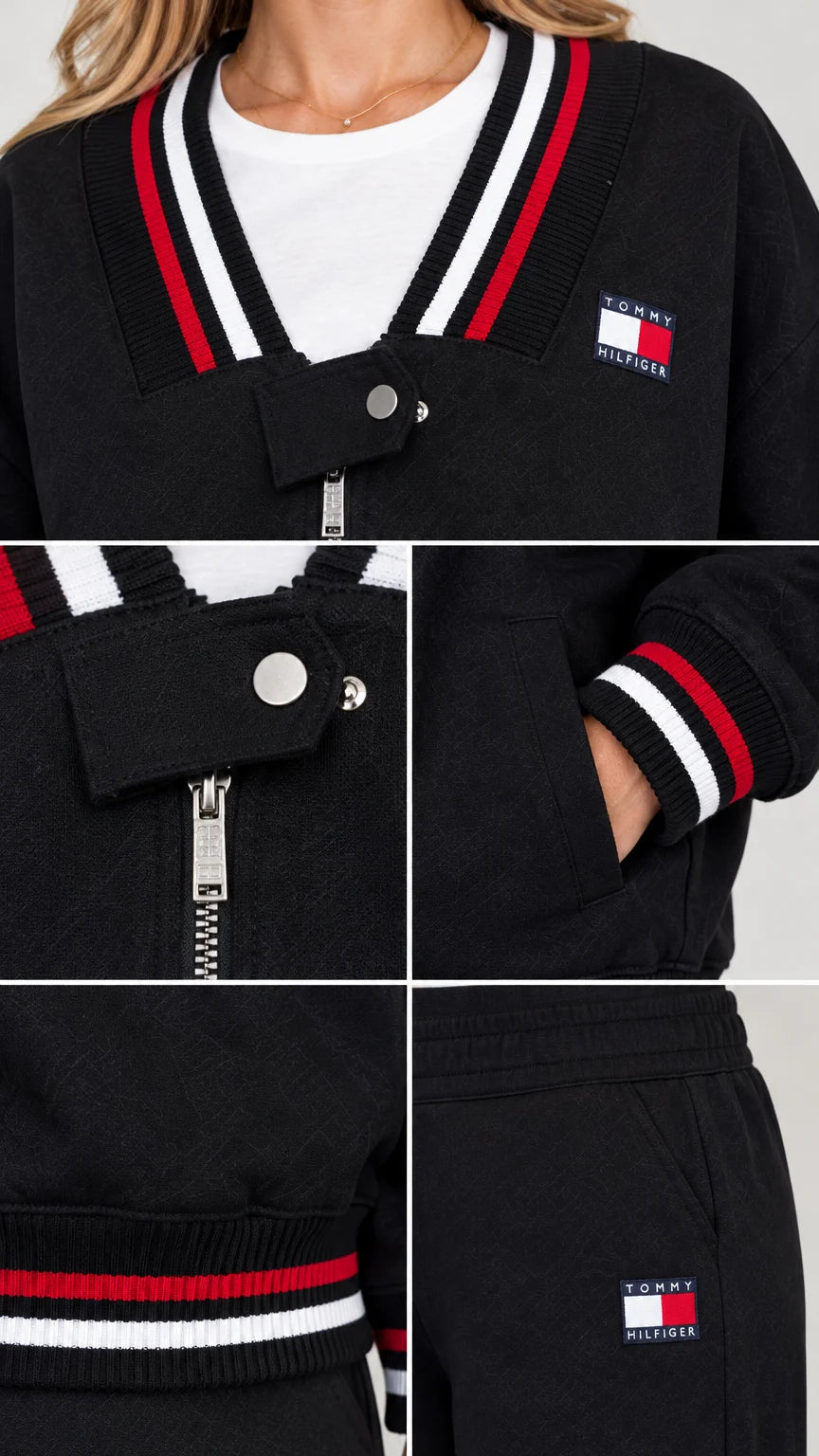 Close-up details of striped V-neck collar, snap tab zipper, and embroidered patch