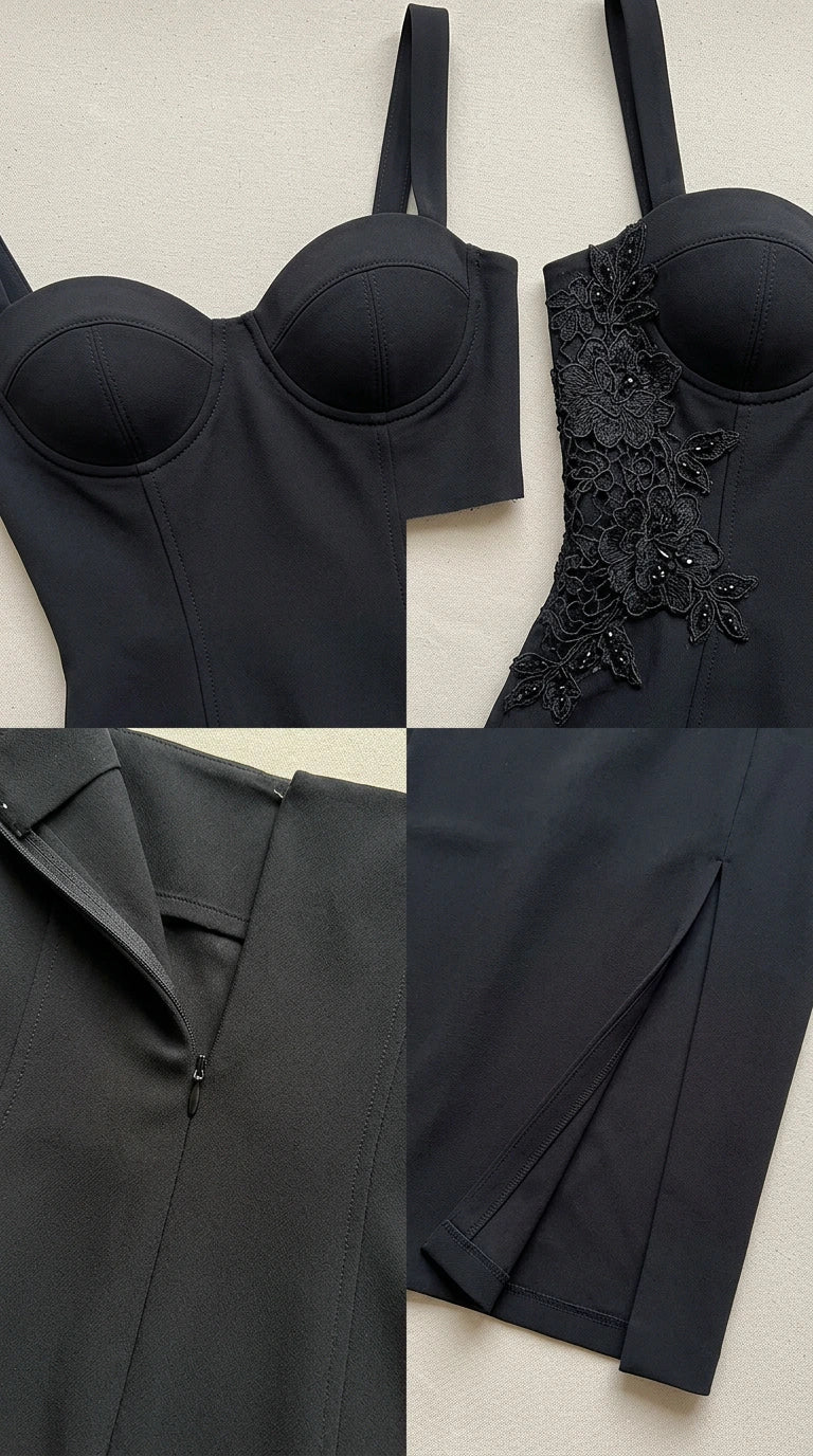 Close-up detail shots of structured bustier cups, zip closure, and side slit seam