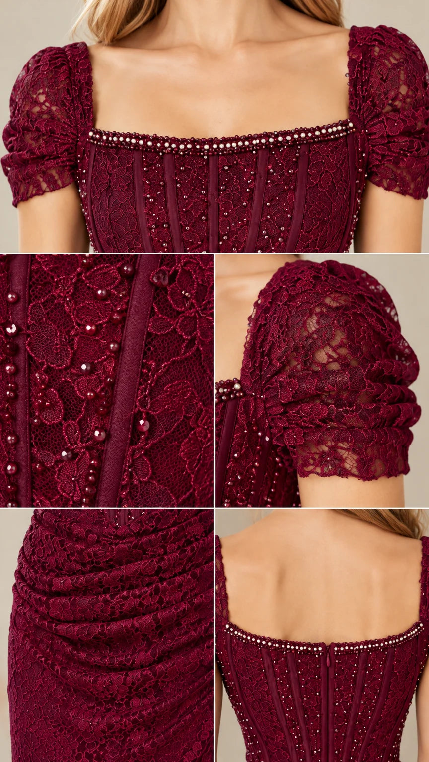 Close-up details of square neckline beadwork, floral lace texture, and ruching