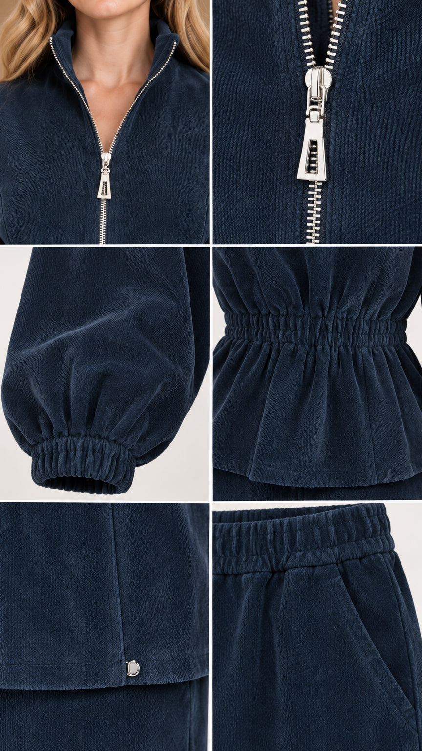 Close-up details of navy blue ribbed velour texture, zipper pull, gathered elastic cuffs, and trouser pocket