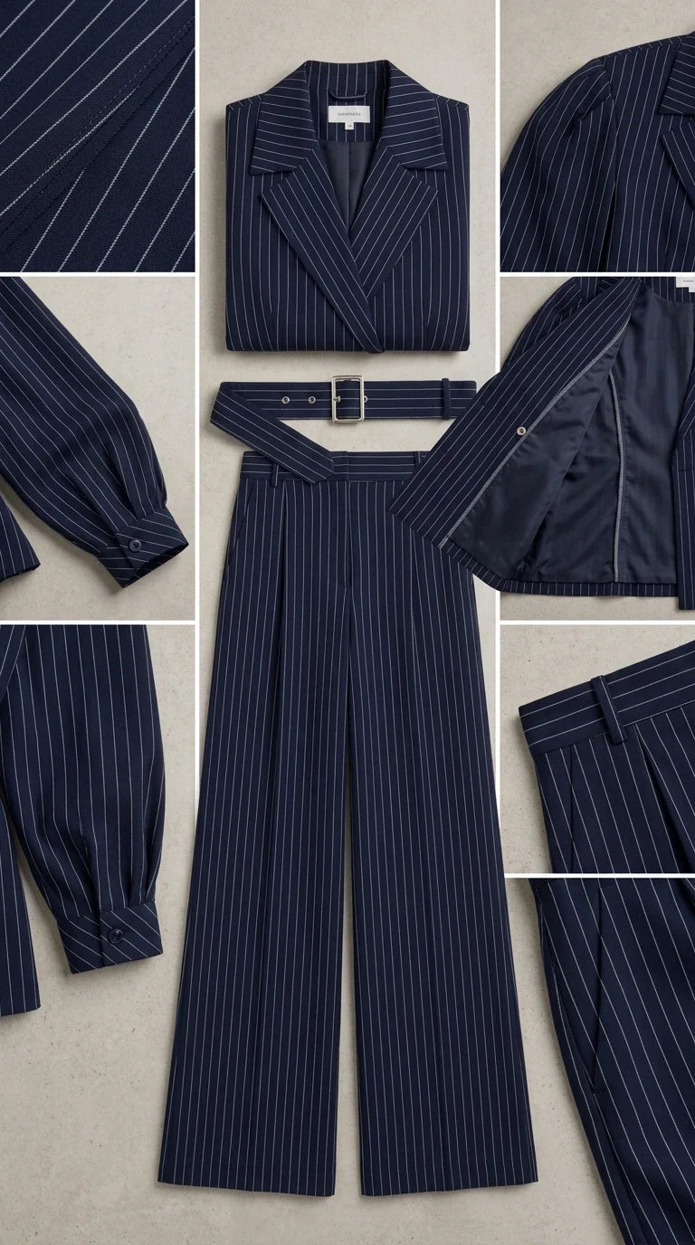 Detailed flat lay display of Navy Blue pinstripe blazer, trousers, cuffs, and buckle belt