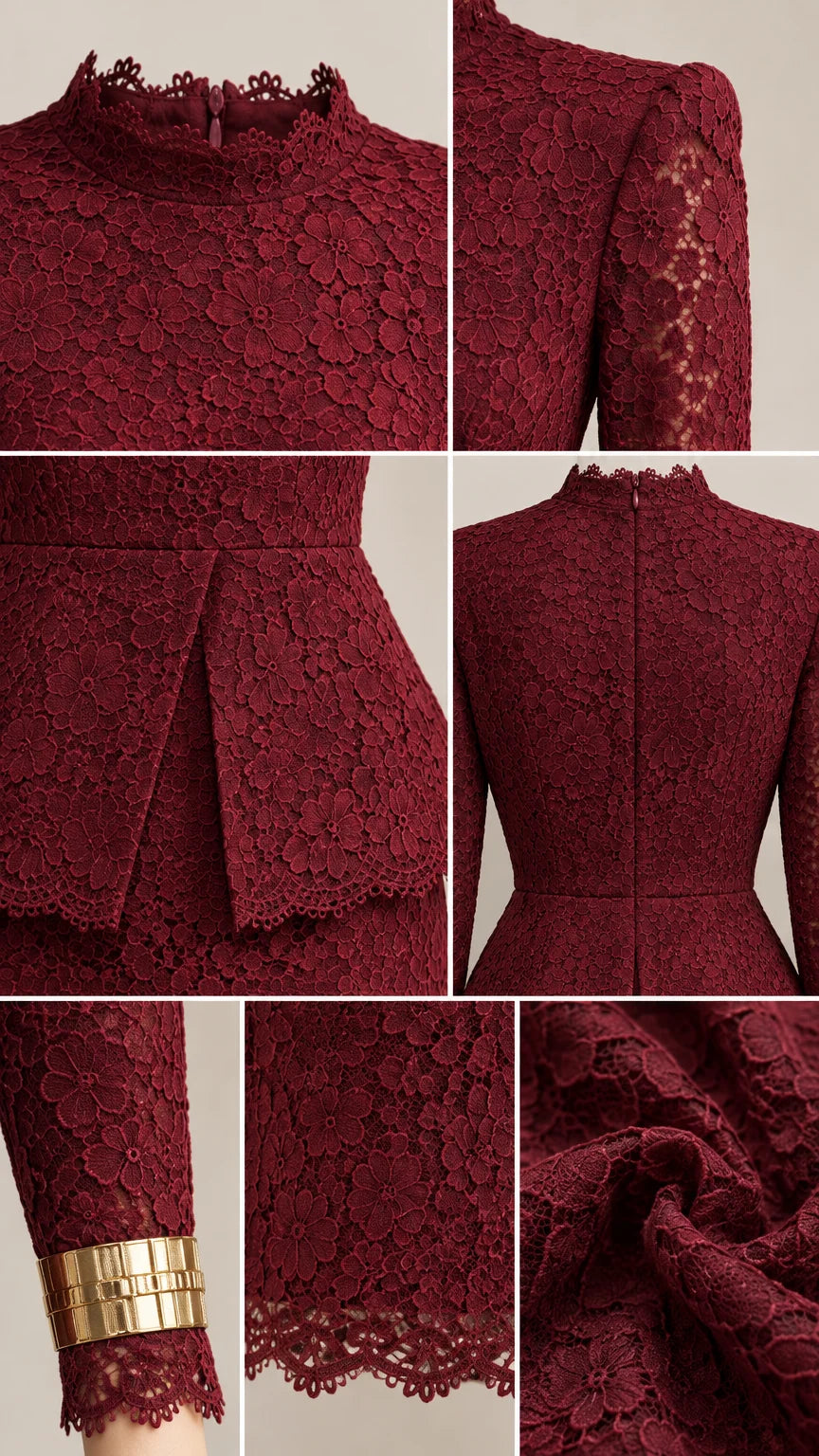 Close-up details of burgundy lace mock neck, peplum pleat, sleeve cuff, and zipper