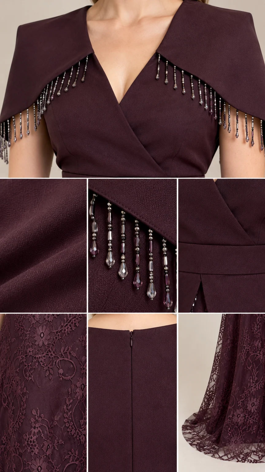Close-up details of beaded fringe, crossover neckline, and lace skirt fabric