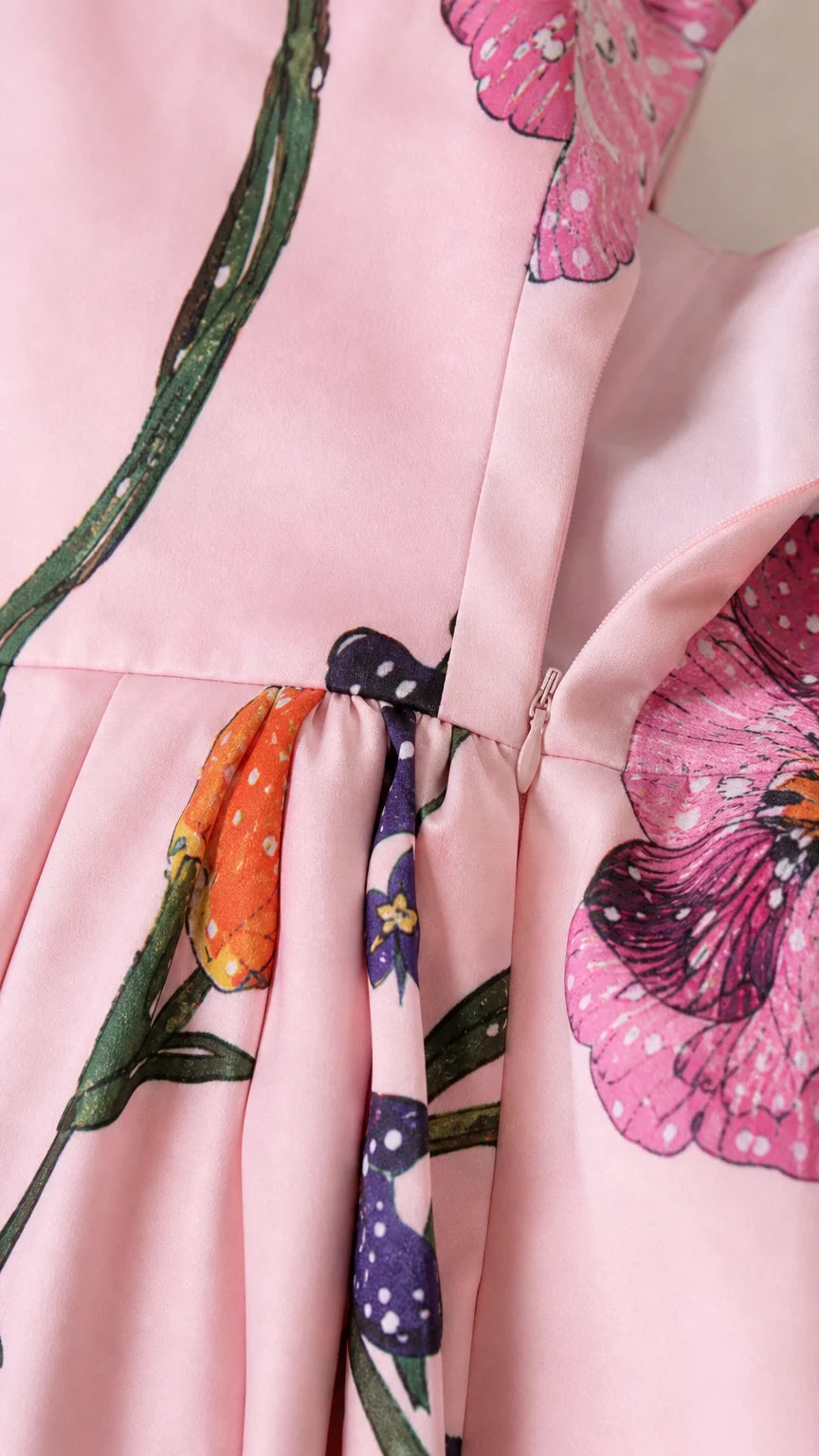 Close-up of dress fabric, floral print, and zipper detail
