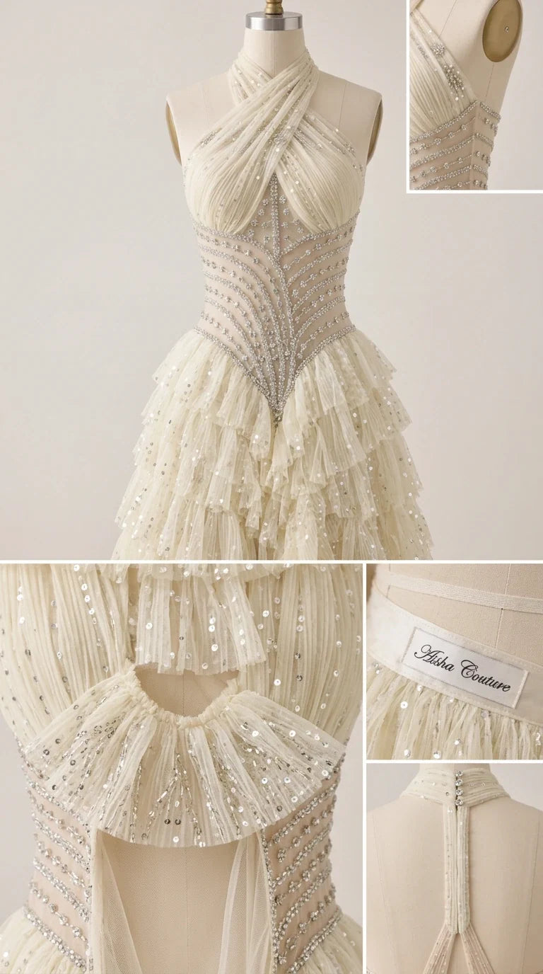Close-up details of the Ivory criss-cross bodice beadwork and tiered tulle fabric