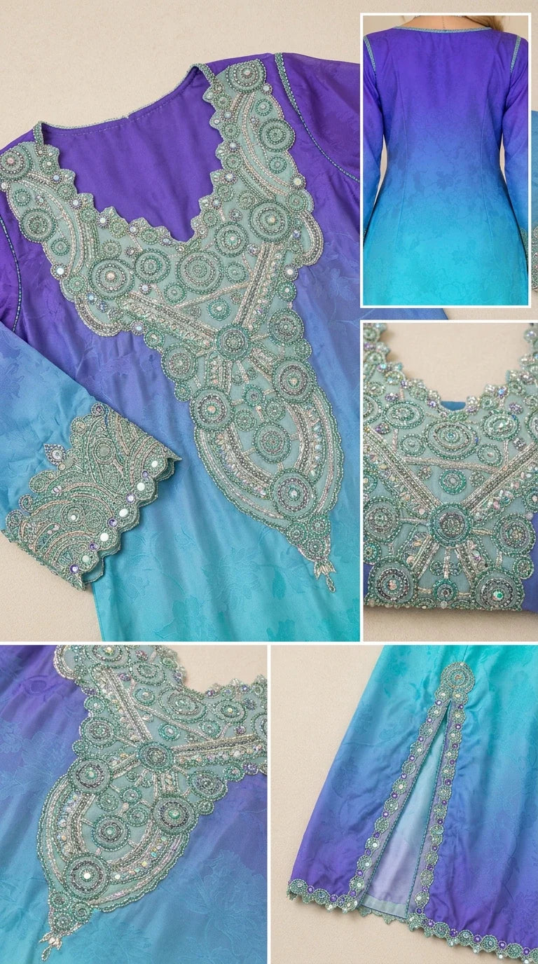 Detailed close-up collage of intricate embroidery on neckline, cuffs, and hem slit