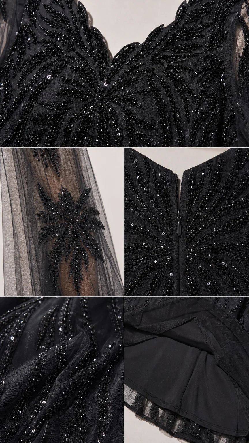 Close-up detail shots showing intricate sequin embroidery, cape sleeve, back zipper, and hem lining