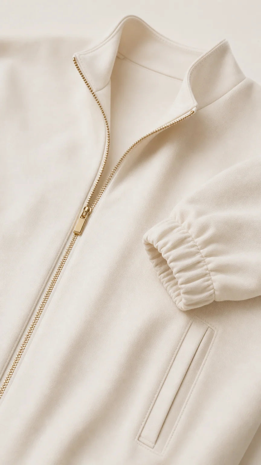 Close-up detail of cream jacket zipper, stand collar, and elasticated sleeve cuff